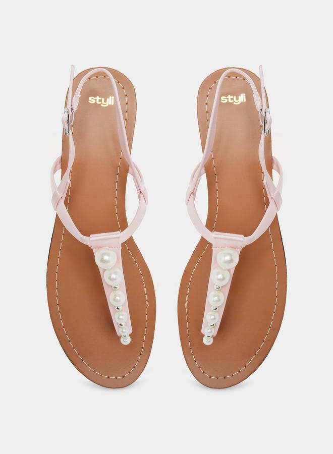 Styli Pearl Embellished Flat Sandals - Image 5